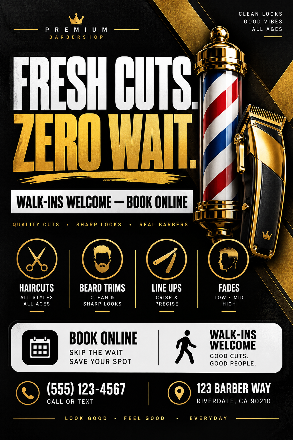 Barbershop flyer: Fresh cuts. Zero wait. Walk-ins welcome, book online.