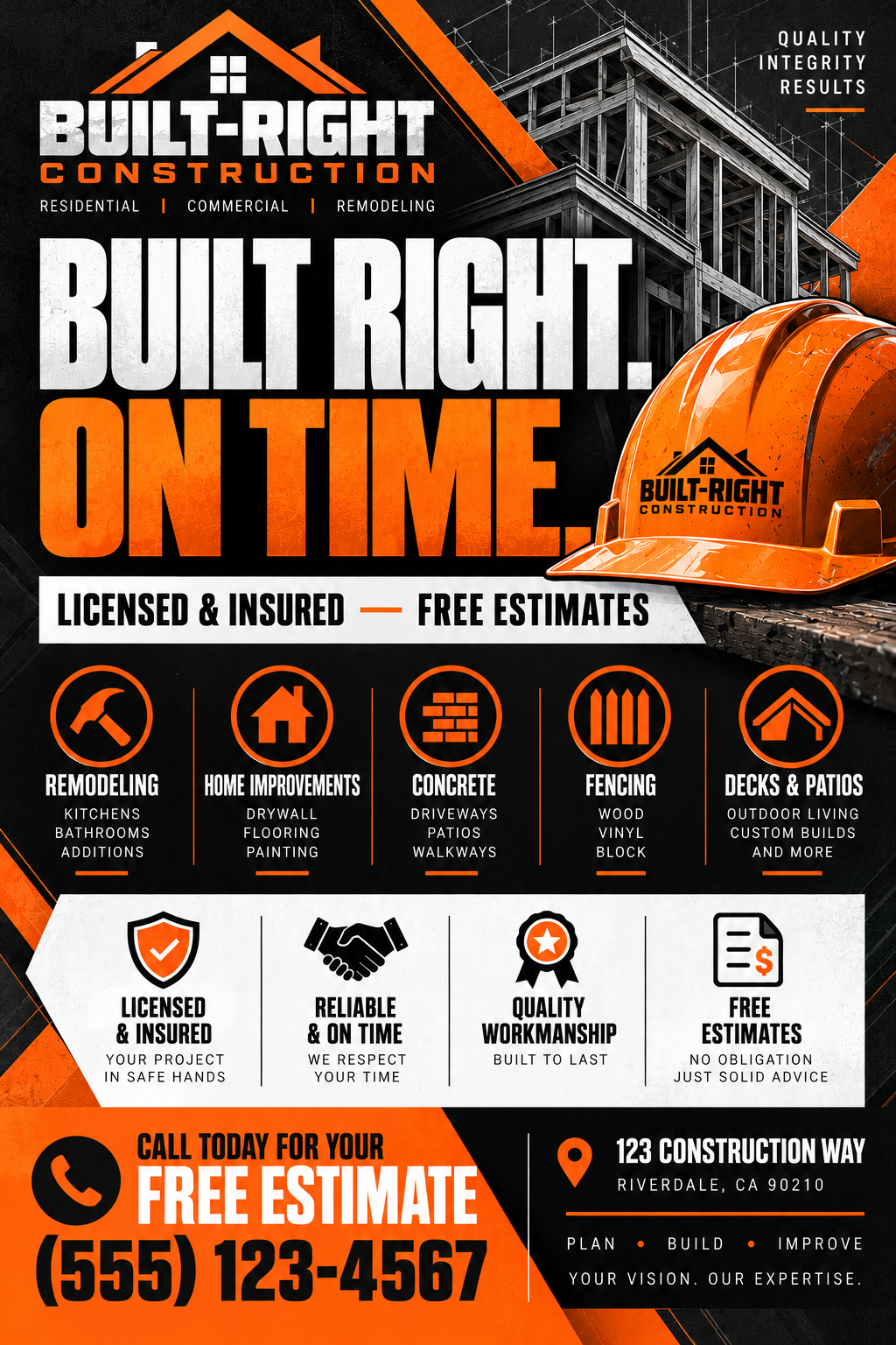 Built-Right Construction flyer: Built right. On time. Licensed and insured, free estimates.
