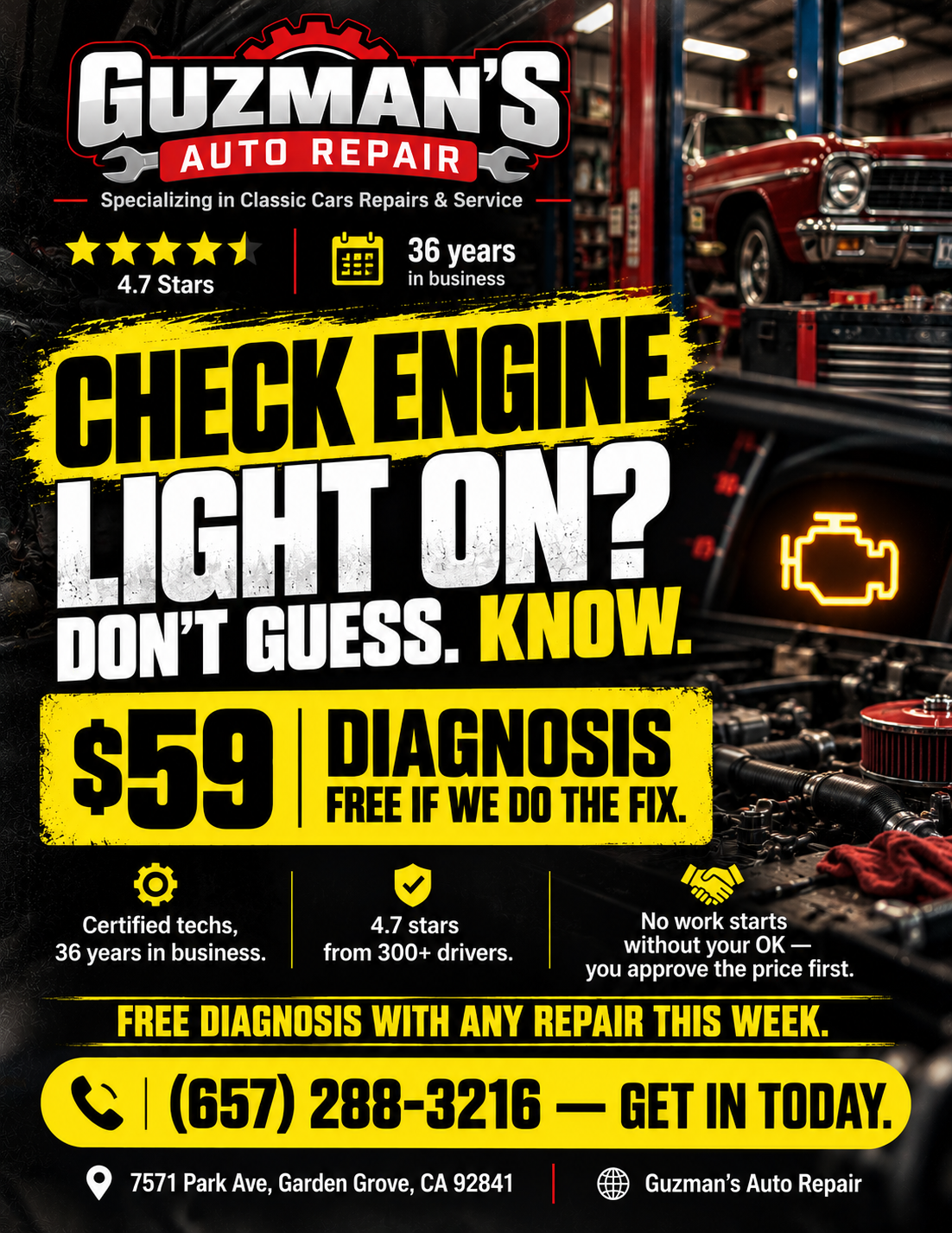 Guzman's Auto Repair flyer: Check engine light on? Don't guess. Know. $59 diagnosis.